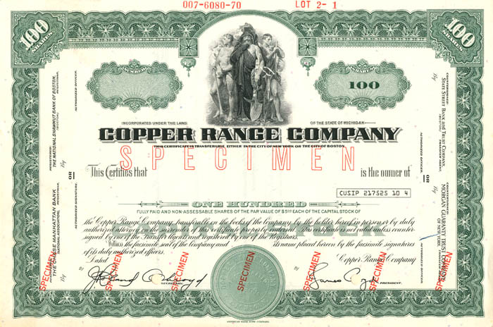 Copper Range Co. - Michigan Specimen Stock Certificate